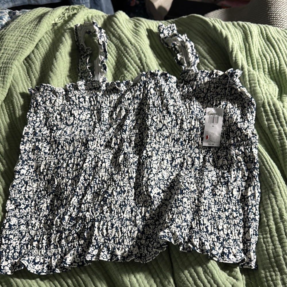 Old Navy Navy and White Smocked Camisole Tank Top